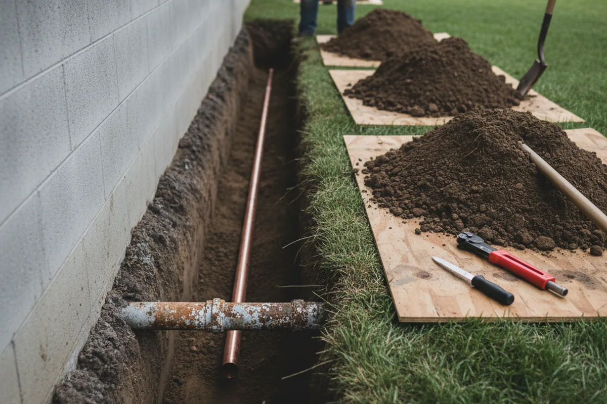 Excavated water line trench during Water Softener Installation in Stittville